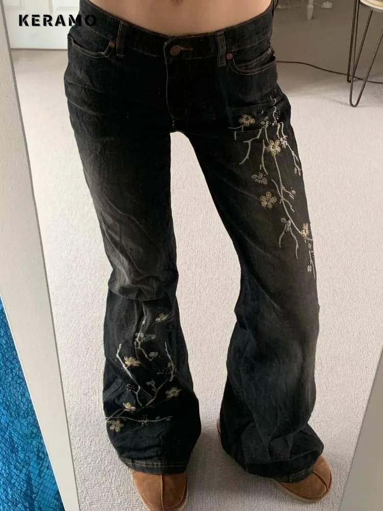 Weekeep Floral Embroidery Jeans Vintage 2000s Low Rise Flared Jeans Women Retro… - Image 3