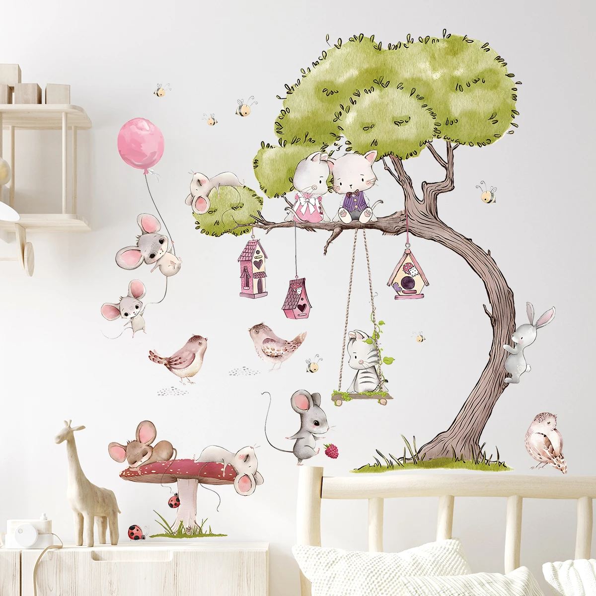 1Pc Bird Tree Cartoon Mouse Wall Stickers for Children Room Kids Room Decoration Bedroom Wall Decals Living Room Decor for House