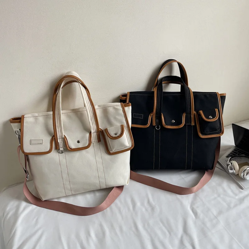 

Designer Contrast Color Tote Bag High-quality Canvas Messenger Shoulder Bag For Women, Stylish Stitching Trendy Casual Handbag