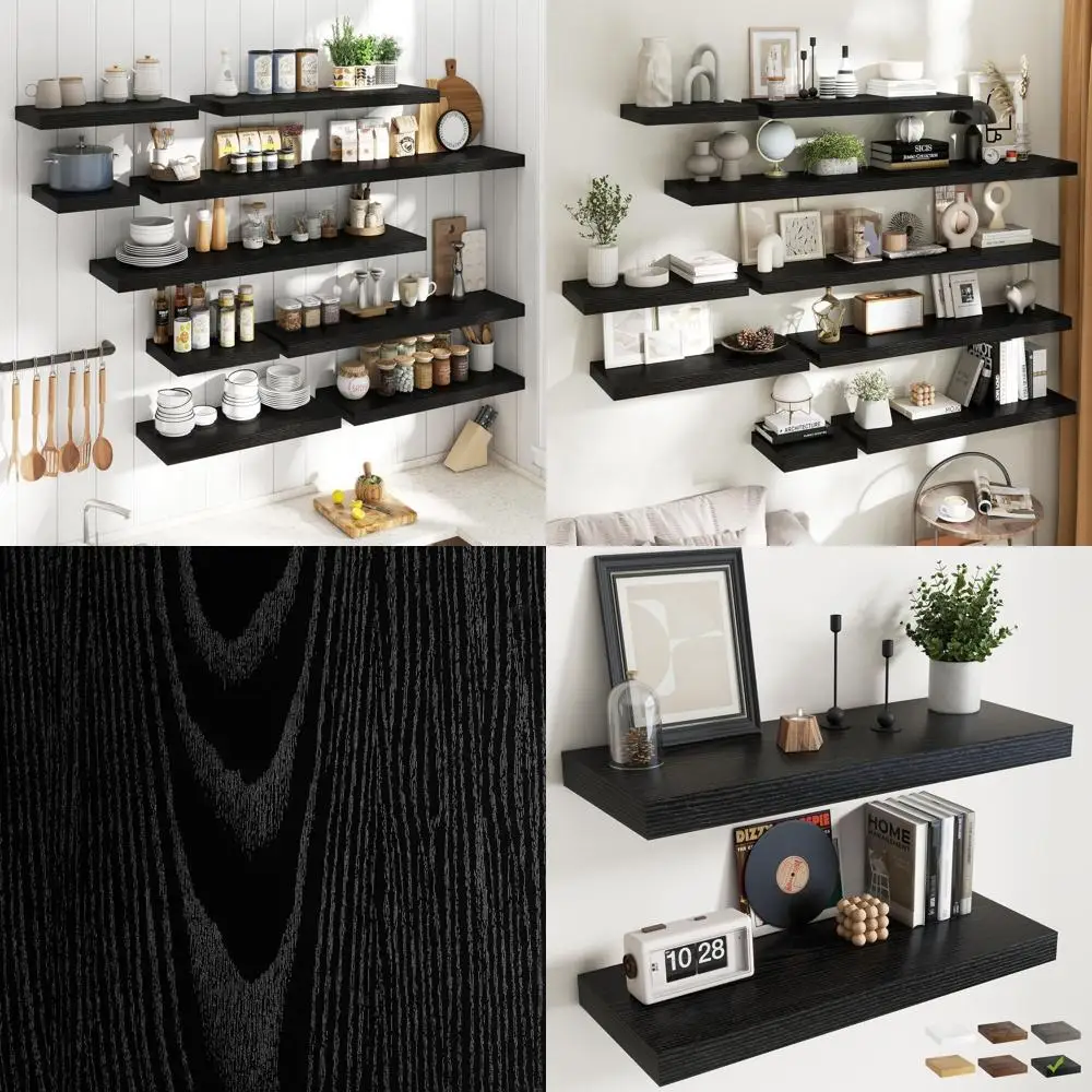 

36 Floating Shelves Set, 12 Deep Wood Grain Bathroom Storage with Hidden Brackets, Easy Install for Kitchen, Living Room, Bedroo