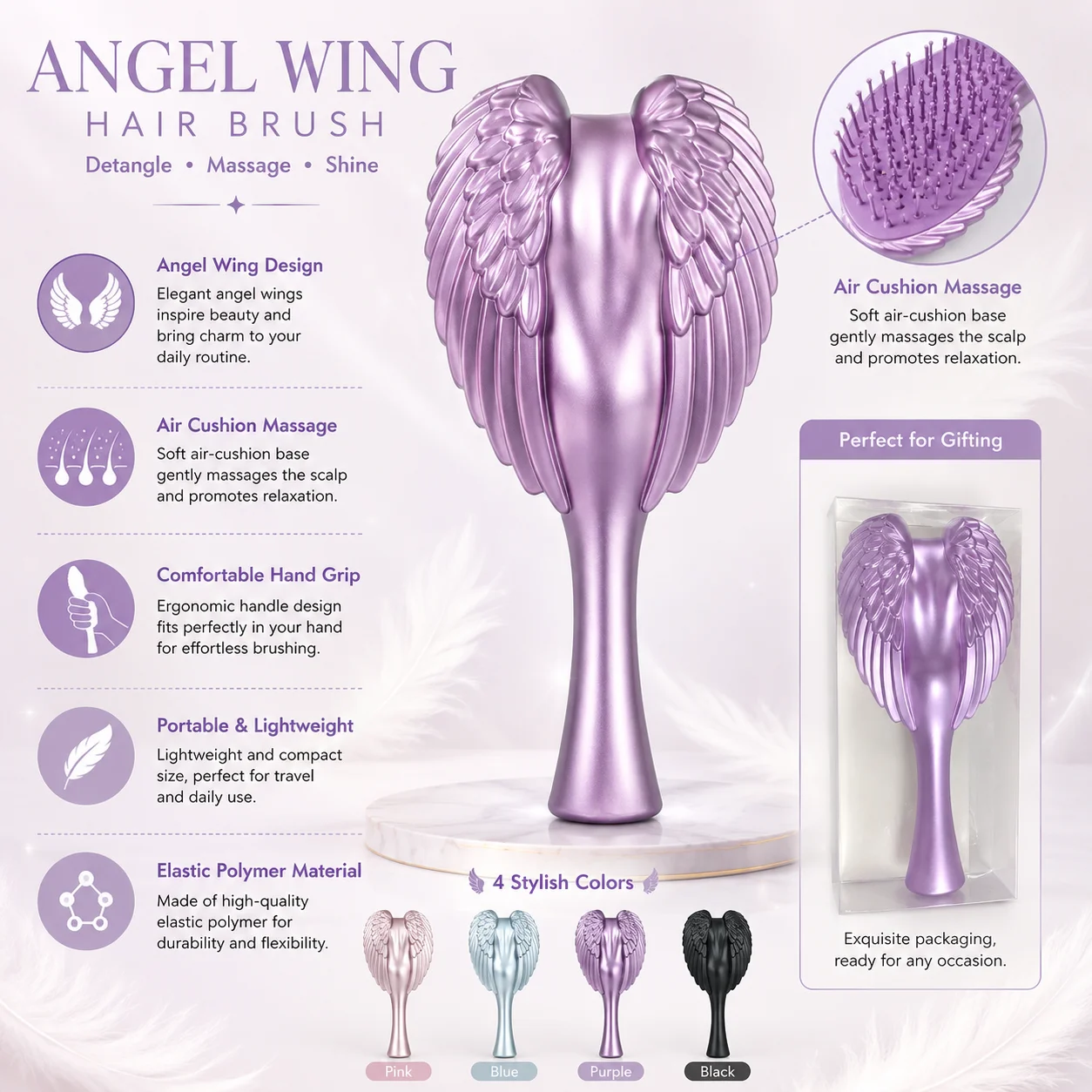 Fashion Angel Wings Anti-static Hair Comb Portable Scalp Massage Hairdressing Comb for Women Daily Hair Styling