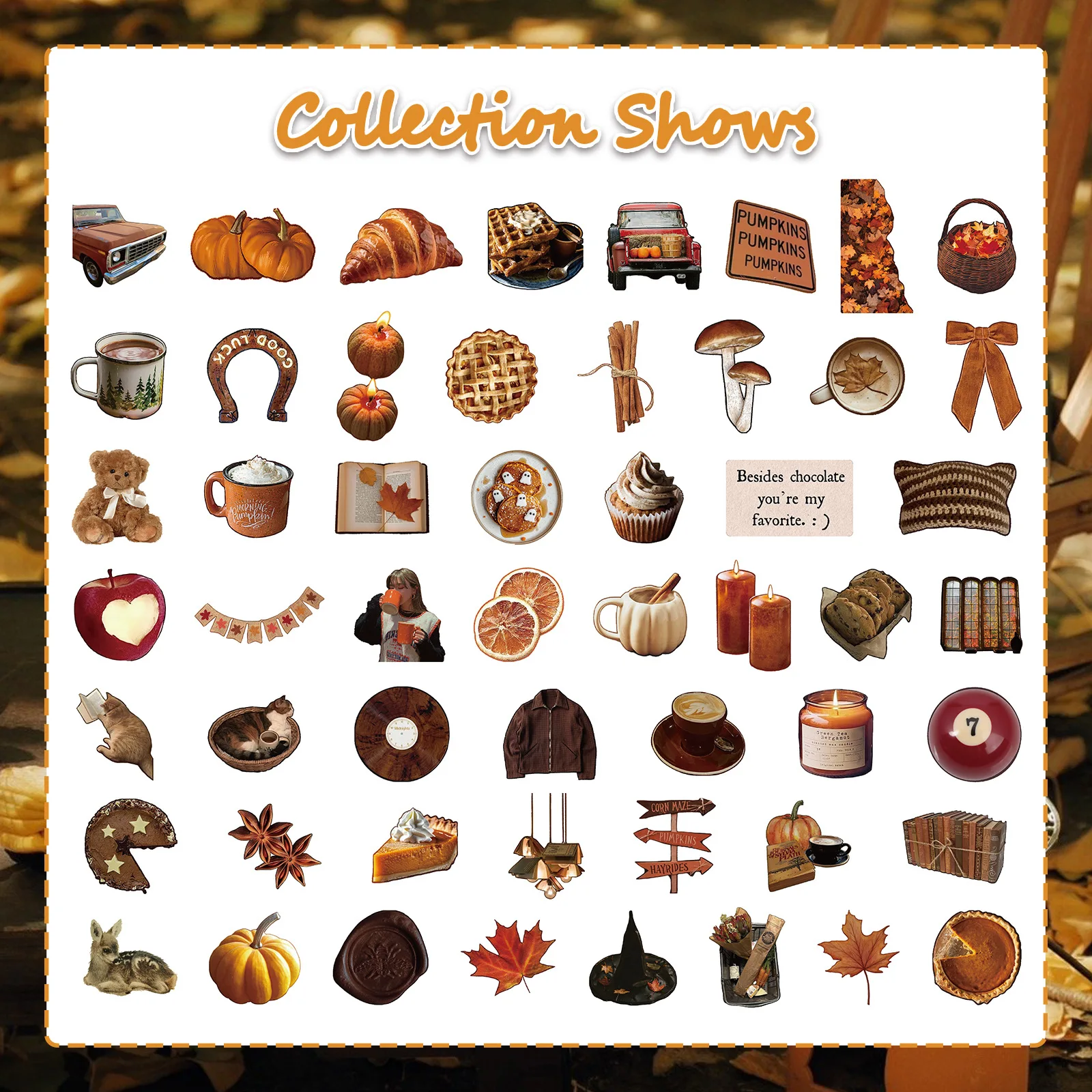 53Pcs Autumn Ins Style Graffiti Stickers Cartoon Brown Tone Decals for DIY Decoration Scrapbook Fridge Phone Bike Gift Decor