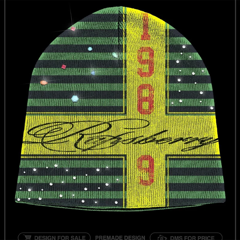 2026 Winter Y2K Grunge Knit Beanie for Women Retro 1989 Number Print Cross Plaid Rhinestone Bling Skullcap Hip Hop Streetwear