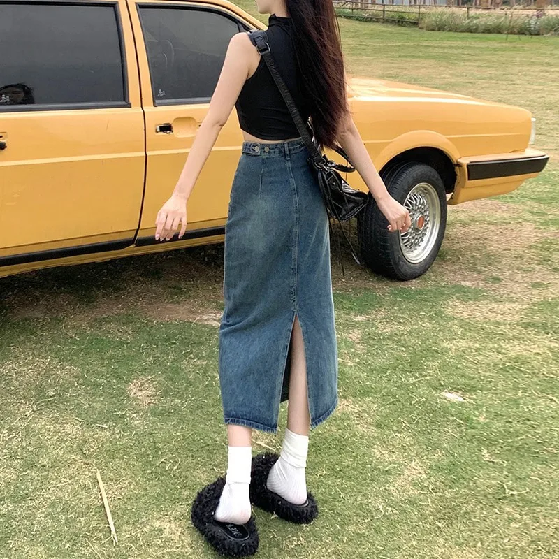 

High waist split denim skirt women's 2026 new spring and autumn A-shaped skirt retro hip-wrapped long skirt