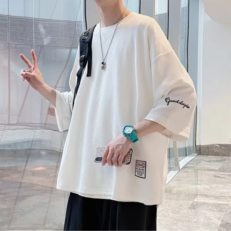 Summer 2024 Trendy Hong Kong Style Men's T-shirt Loose Fit Seven-Quarter Sleeve Casual Top Polyester Fiber round Neck Print