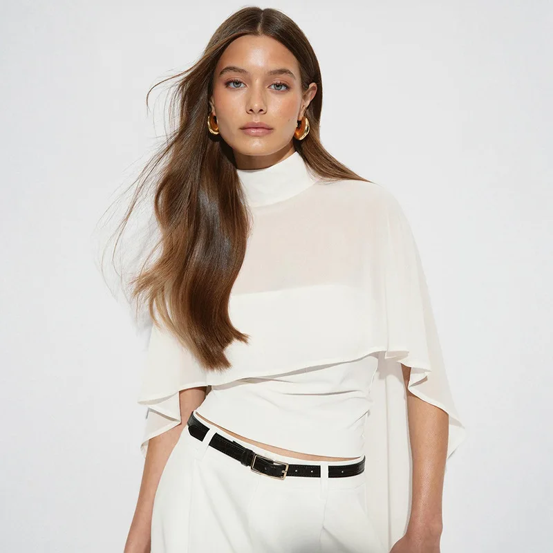 Women's Mock Neck Mesh Cape Overlay Crop Top, Solid Sleeveless Inner Slim Fitted Short Blouse Elegant Sheer Flowy Cape Shirts