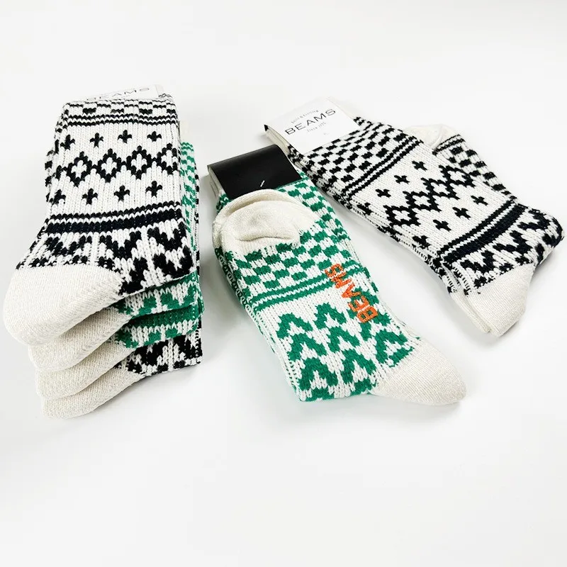 

Модные носки унисекс BEAMS, жаккардовые носки с геометрическим узором и принтом для мужчин и женщин, утолщенные теплые шерстяные носки средней длины