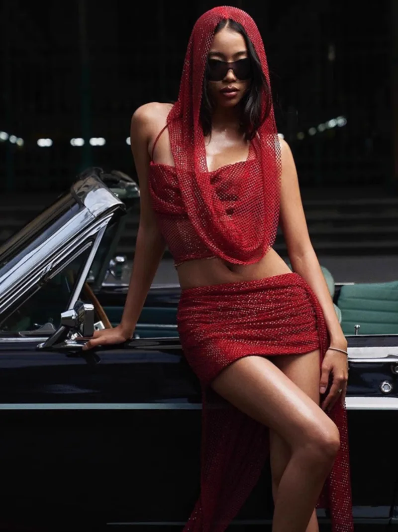 2025 New American Retro Street Style Solid Color Veil Sling Tube Top with Short Skirt Suit For Women