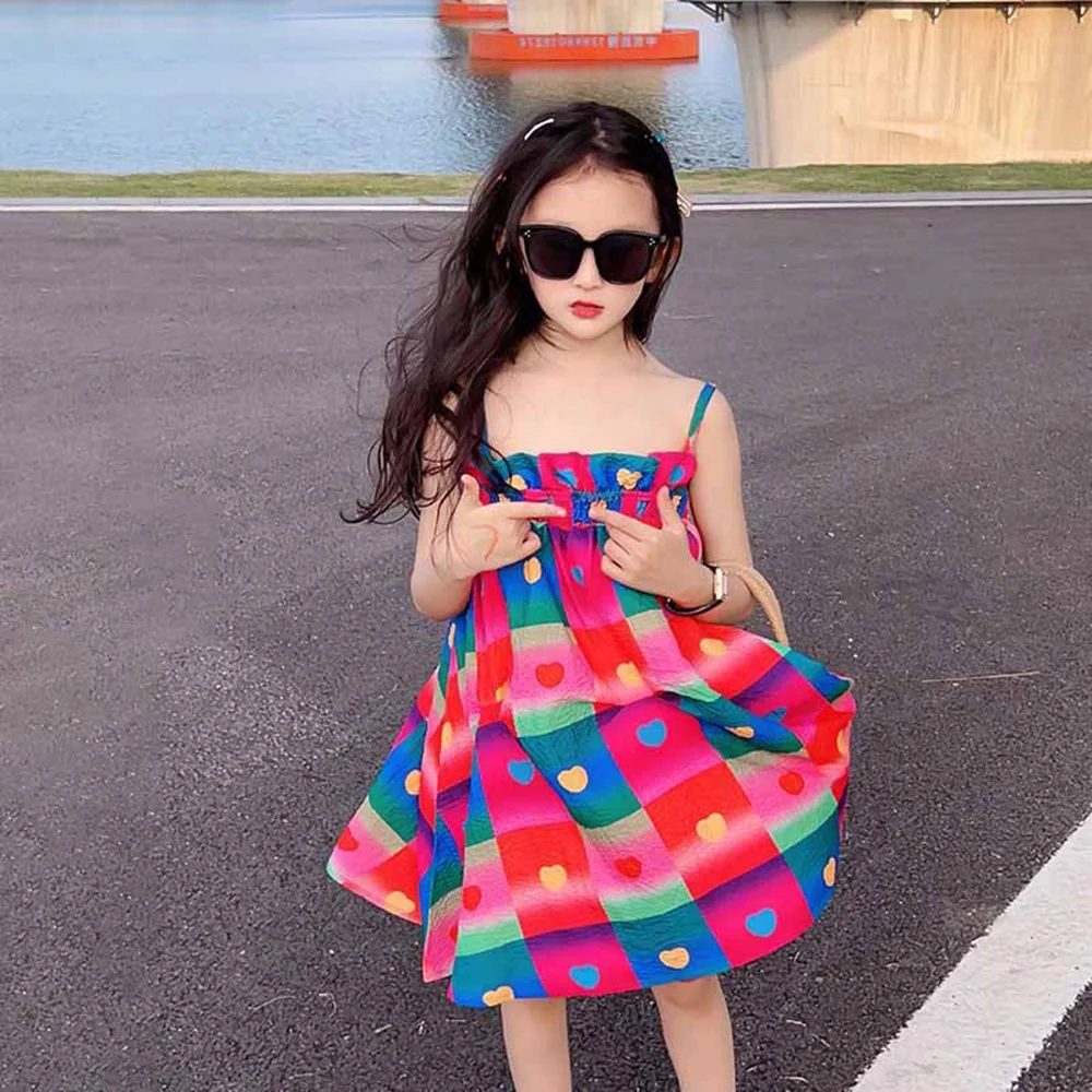 Bear Leader Summer Daily Casual Style Baby Girl\'s Clothes Strap Lace Contrasting Color Heart Printed Dress for 3-7 Years