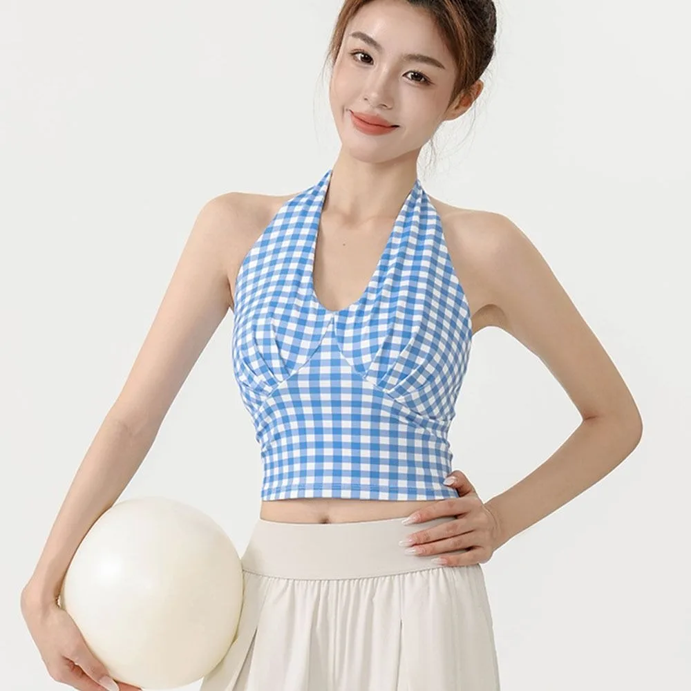Y2K V-Neck Yoga Vest Backless Plaid Sports Bra Slim Fit Quick-Dry Push-Up Tank Top Daily Street