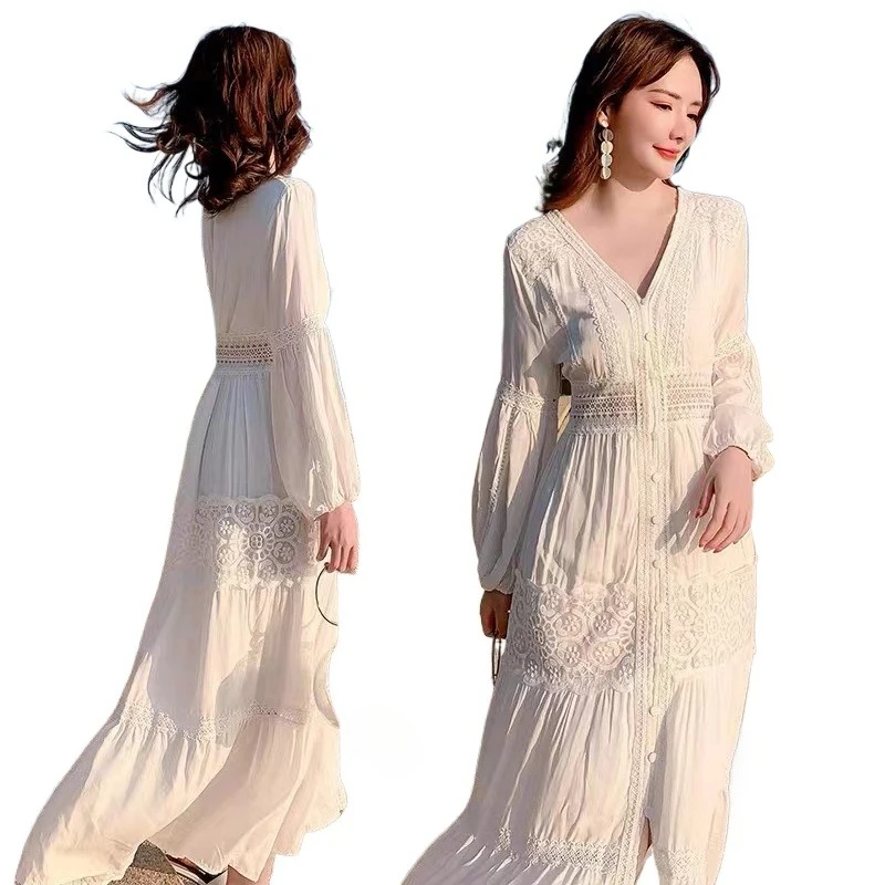 

Vintage Lace Embroidery Long Beach Dress With Long Sleeves