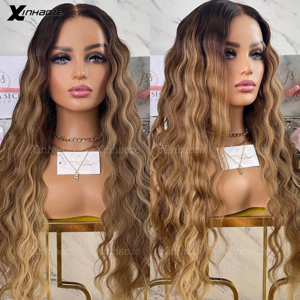 # 4/27 destaque marrom loira onda solta cabelo humano perucas superiores de seda nós descorados sem cola 13x 6/360 perucas de cabelo humano frontal do laço