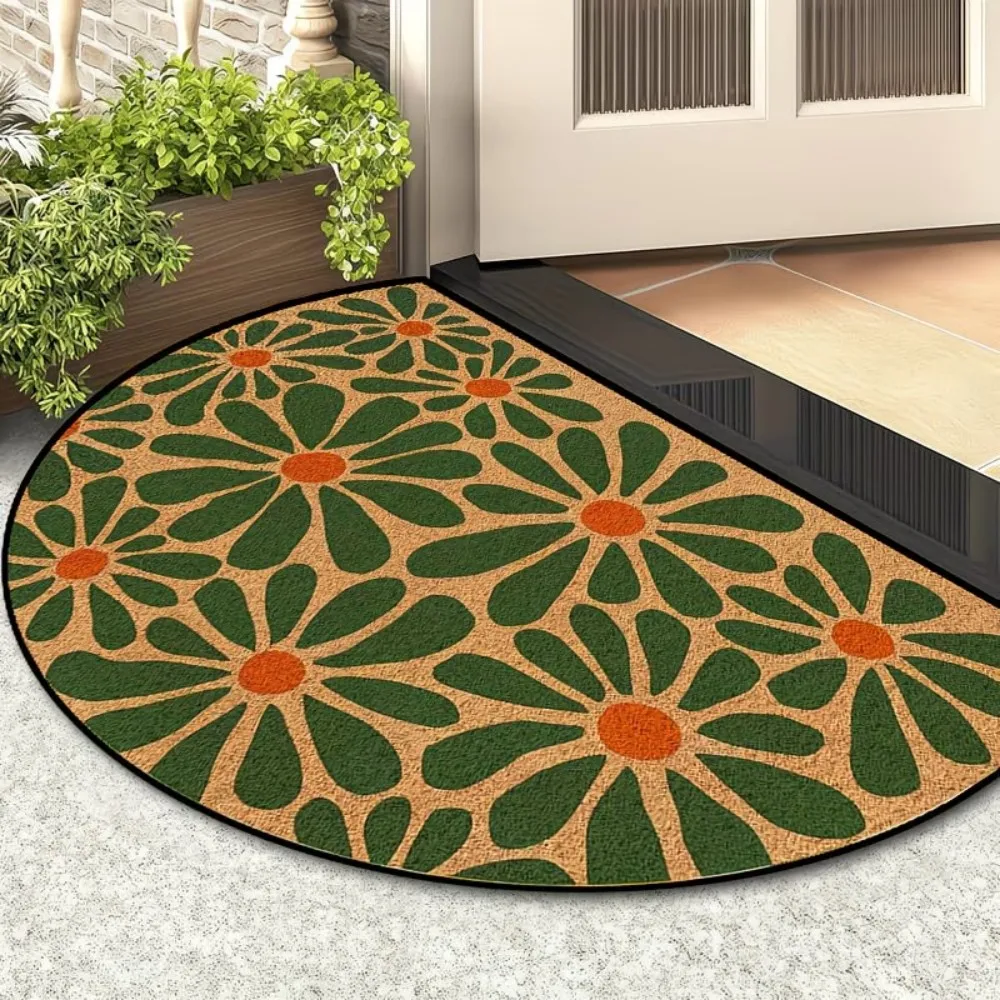 Big Daisy Half Round Door Mat Semicircle Entrance Rug Anti Slip Front Door Mat Half Moon Welcome Rug Floral Floor Decor Mat