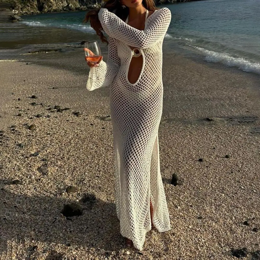 Sexy Women Long Knit Beach Dress Hollow-Out Deep V-Neck Long Sleeve Bikini Cover-Ups Dress Fall Backless Holiday Dress Swimwear