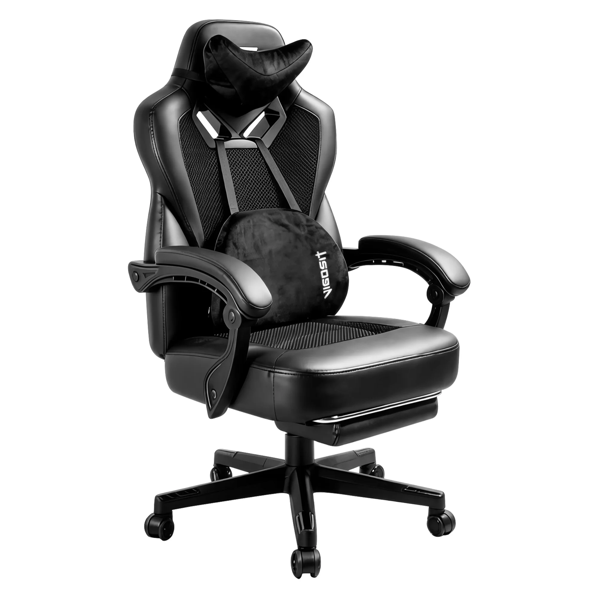 VIGOSIT Ergonomic Gaming Chair, Lumbar Massage & Adjustable Headrest, PU Leather Computer Seat with Retractable Footrest and 360° Swivel