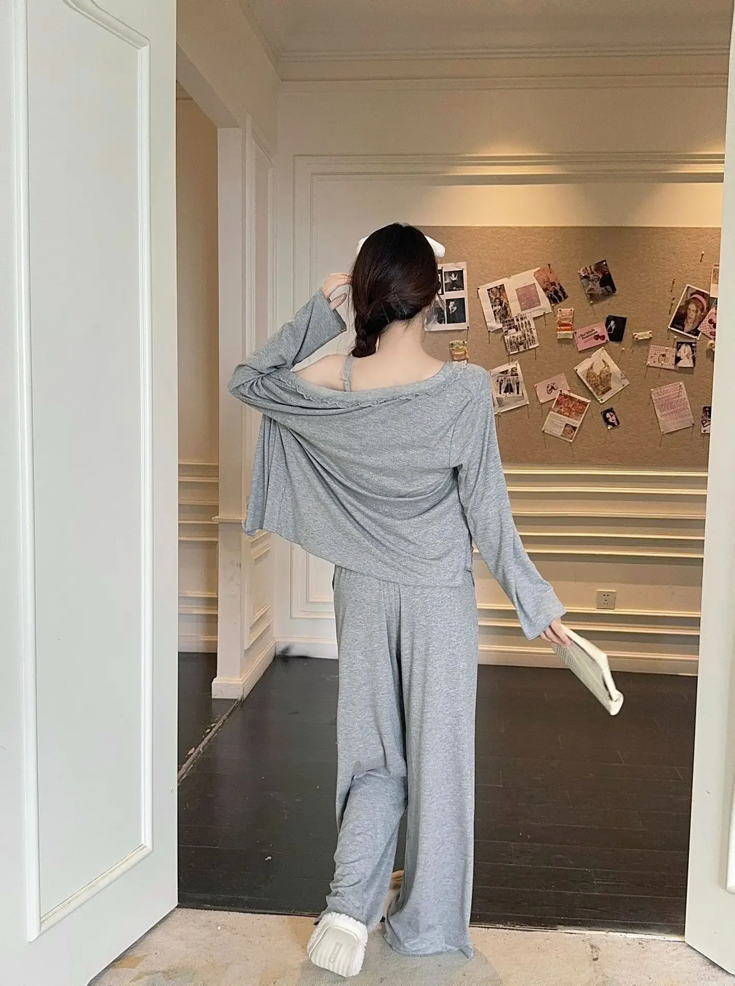 M-XL Pyjamas Femme Sexy Sling Shirt Long Sleeve Pant Set Modal Women Pajama Chest Pad Lace Sleepwear Three Pieces Home Clothes