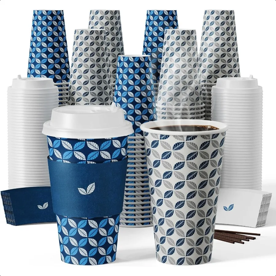 

16 oz Coffee Cups with Lids 100 Pack Hot Paper Coffee Cups with Lids Sleeves and Stirrers Blue Leaf and Grey Leaf