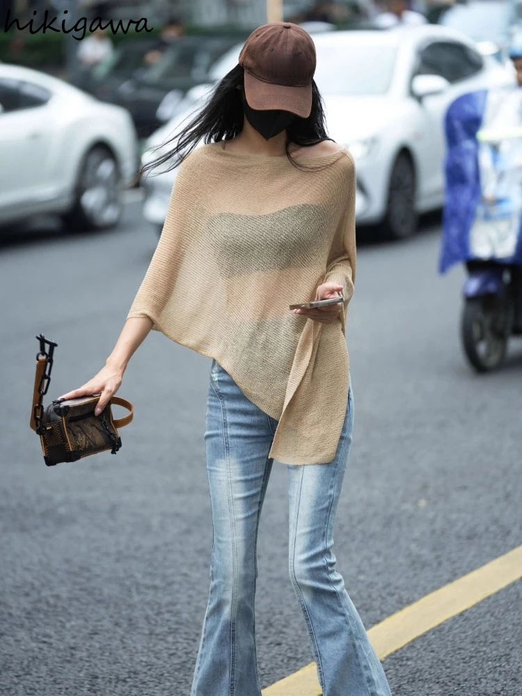 Fashion Pullovers 2024 Women Clothes Y2k Tops Sueter Mujer Korean Jumper See Through Sexy Pull Femme Irregular Knit Thin Sweater