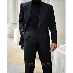 High Quality Suits for Men Black Fashion Peak Lapel Double Breasted Male Suit Slim Fit Formal Casual Wedding Tuxedo 2 Piece