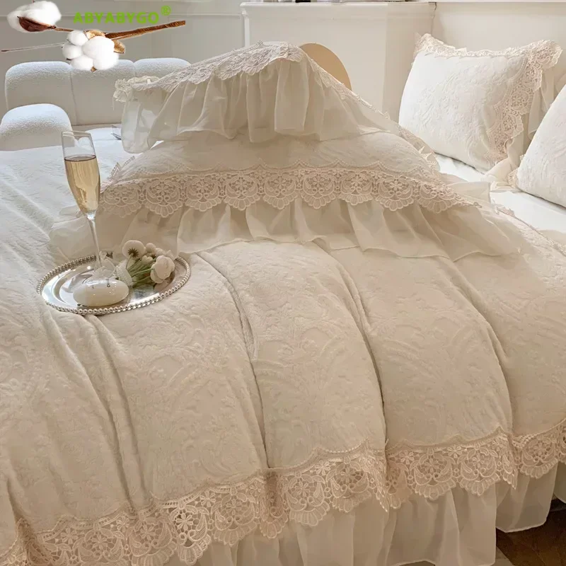 French Vintage Double Layer Lace Ruffles Carved Velvet Duvet Cover Set Winter Bedding Set Plush Quilt Cover Bed Sheet Pillowcase