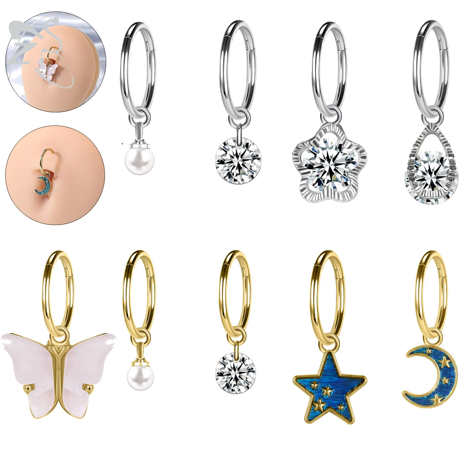 

ZS 1PC 16G Gold Color Hoop Belly Navel Ring for Women Stainelss Steel Navel Piercings Butterfly Zircon Circle Belly Button Rings