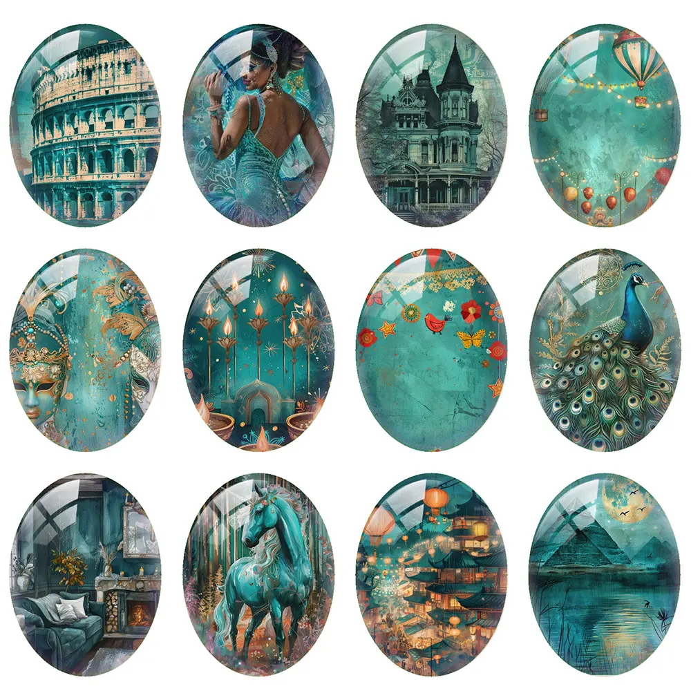 

10pcs/lot Blue Green Bird Horse Peacock Oval Photo Glass Cabochon Flatback Demo Flat Back Cameo For Diy Jewelry Making Supplies
