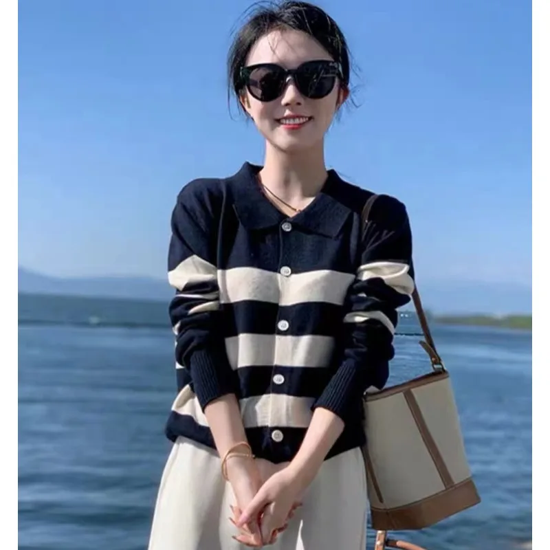 Wool Striped Knitted Cardigans Women Sweaters Loose Casual Knit Top Autumn Winter Keep Warm Soft Pulls Chauds Clothes Knitwear