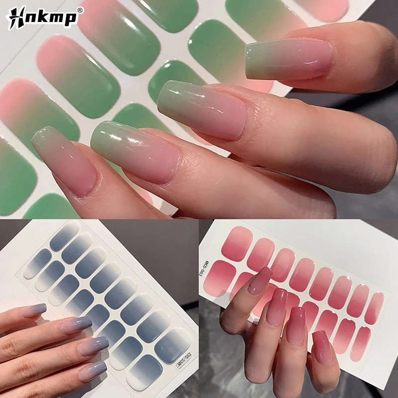 16Pcs/Sheet Semi-Cured Gel Nail Polish Sticker Long-Lasting Extension Cream Nail Decal Full Cover Gradient Color Cured Slider