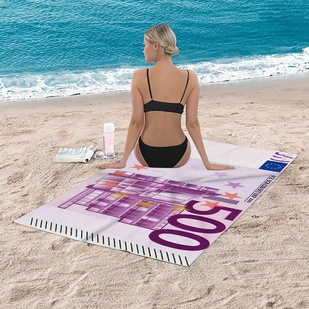 Modern European 500 Euro Banknote Pattern Design, Beach Towel, Quick Drying And Machine Washable
