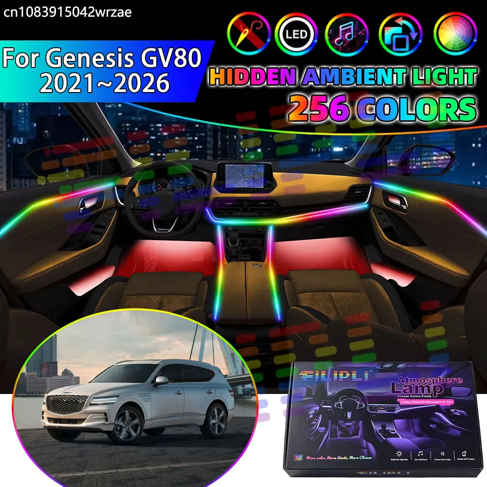 For Genesis GV80 2021~2026 JX1C 2022 2023 RGB Car Interior Ambient Lights Strips Breathing Lighting Kit App Control LED strips
