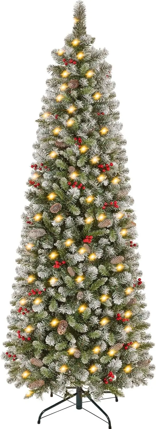 6ft Pre-lit Frosted Pencil Christmas Tree, Skinny Frosted Holiday Tree w/ 618 Tips, 200 Lights, Pine Cones, Metal Hinges & Base