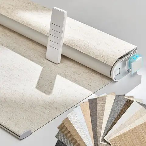 2026 New Design Hot Sale Blackout Linen Fabric Tuya App Homekit Control Motorized Easy Install No Drill Roller Blinds For Home