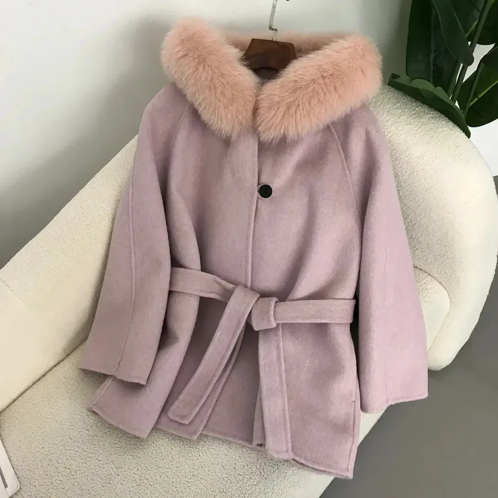 Casaco de pele real curto para mulheres, colarinho de raposa natural, lã, jaqueta feminina, cinto grosso, casacos quentes, streetwear casual, inverno, 2024