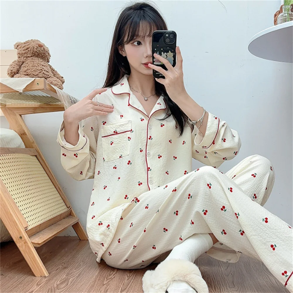 Korean Style Chic Women\'s Sleepwear Set Extra Soft Peach Lapel Long Sleeve Spring Autumn For Home Use Loose Sleepwear Set