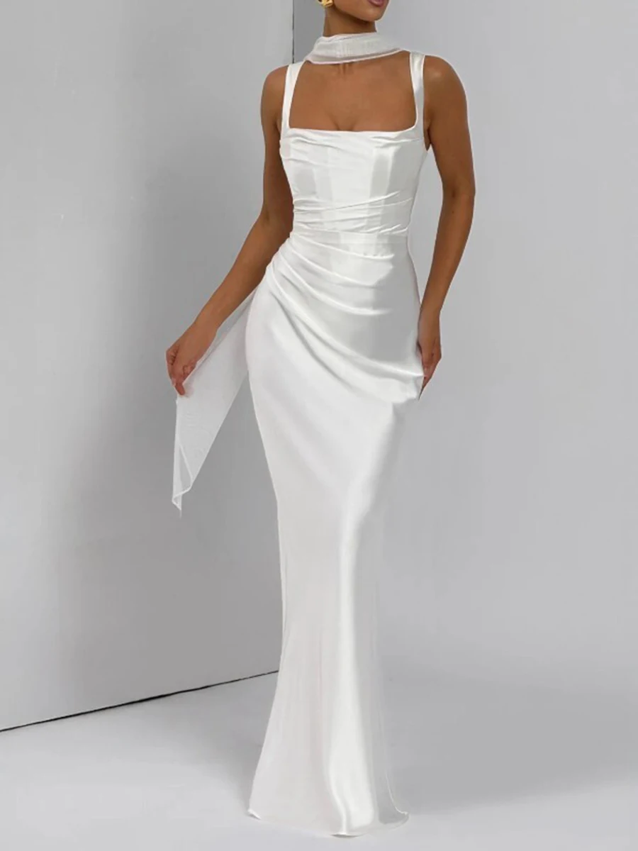 فساتين سهرة طويلة مثيرة من الساتان من TWOTWINSTYLE للنساء بياقة مربعة بدون أكمام بخصر عالٍ فستان ضيق للتخسيس للسيدات #3