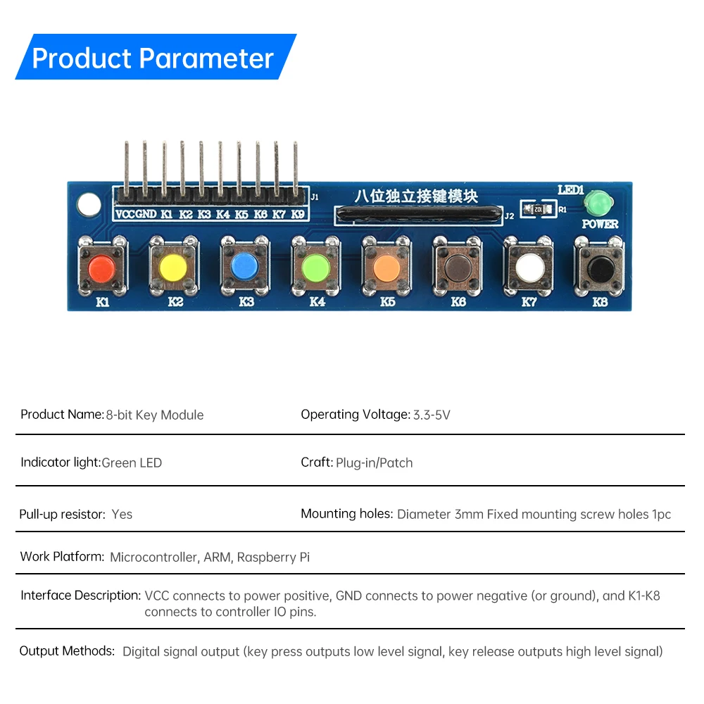 Módulo de botón táctil de 8 teclas independientes con indicador LED Módulo de teclado Módulo de teclado para Arduino ARM Raspberry Pi