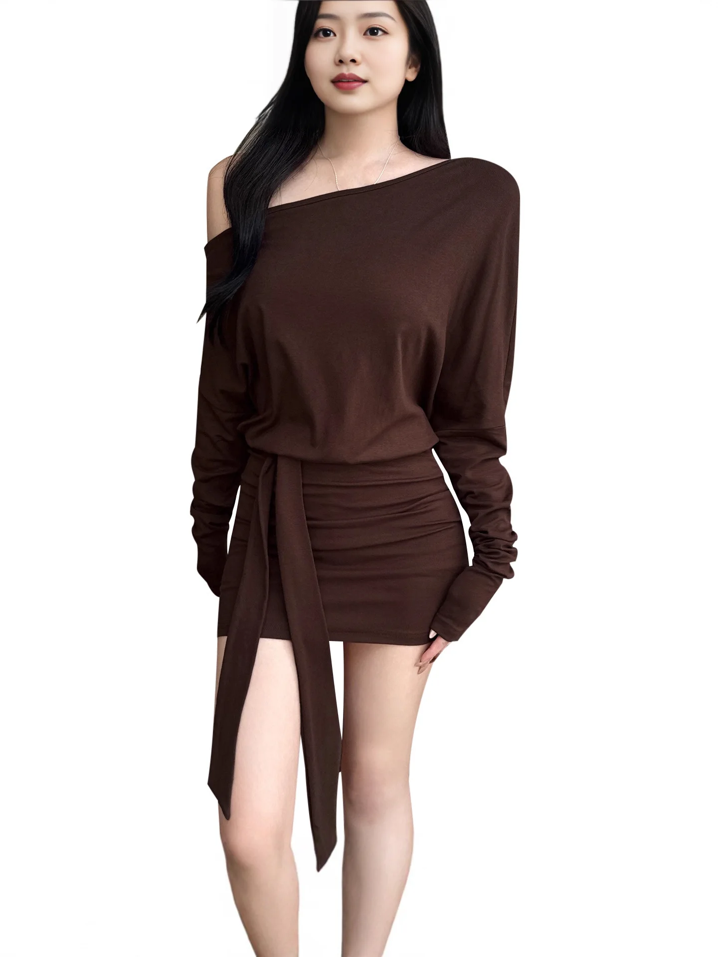 الحد الأدنى طويلة الأكمام البني Bodycon فستان قصير مربوط غير المتماثلة طوق خارج الكتف مثير أنيق الخريف العصرية ملابس نسائية
