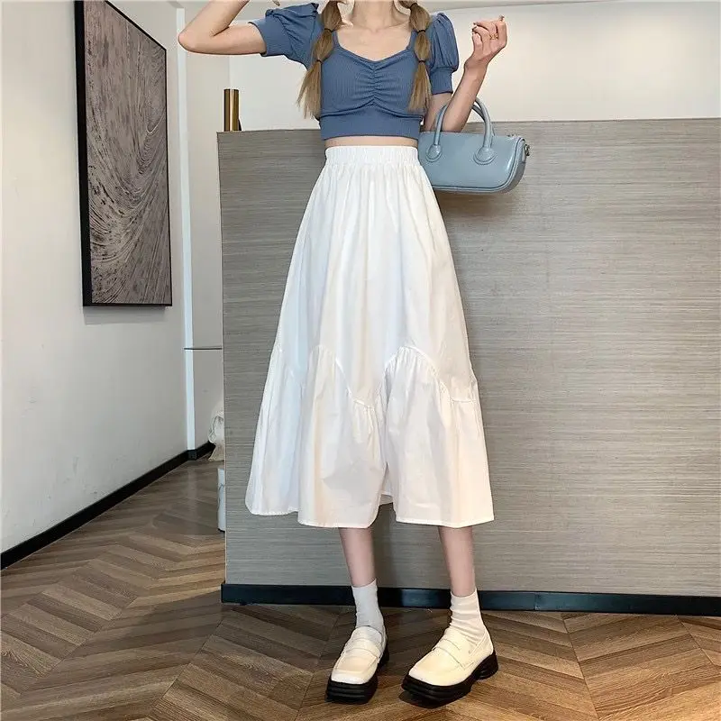 

Midi Skirts Women Preppy Style Sweet Schoolgirl Summer Hot Sale Harajuku Simple Elastic Waist Casual Fashion Chic Mujer Faldas