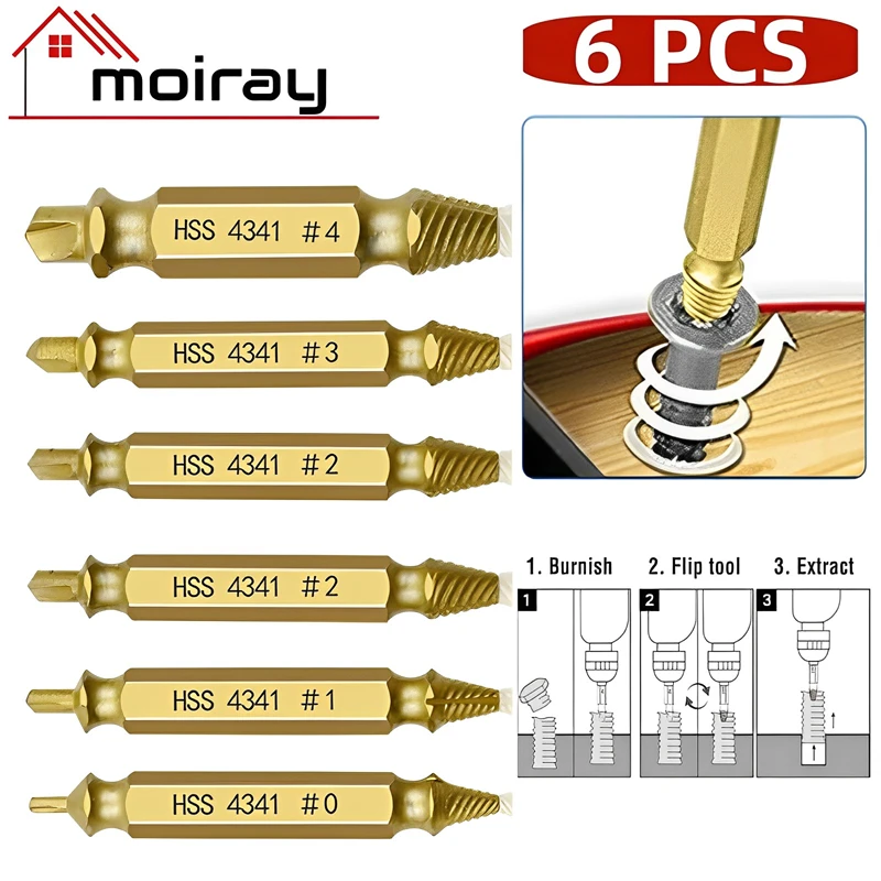 4/5/6PCS Damaged Screw Extractor Drill Set Titanium Double Side Stripped Broken Screw for Woodworking Bolt Easily Remover Tools