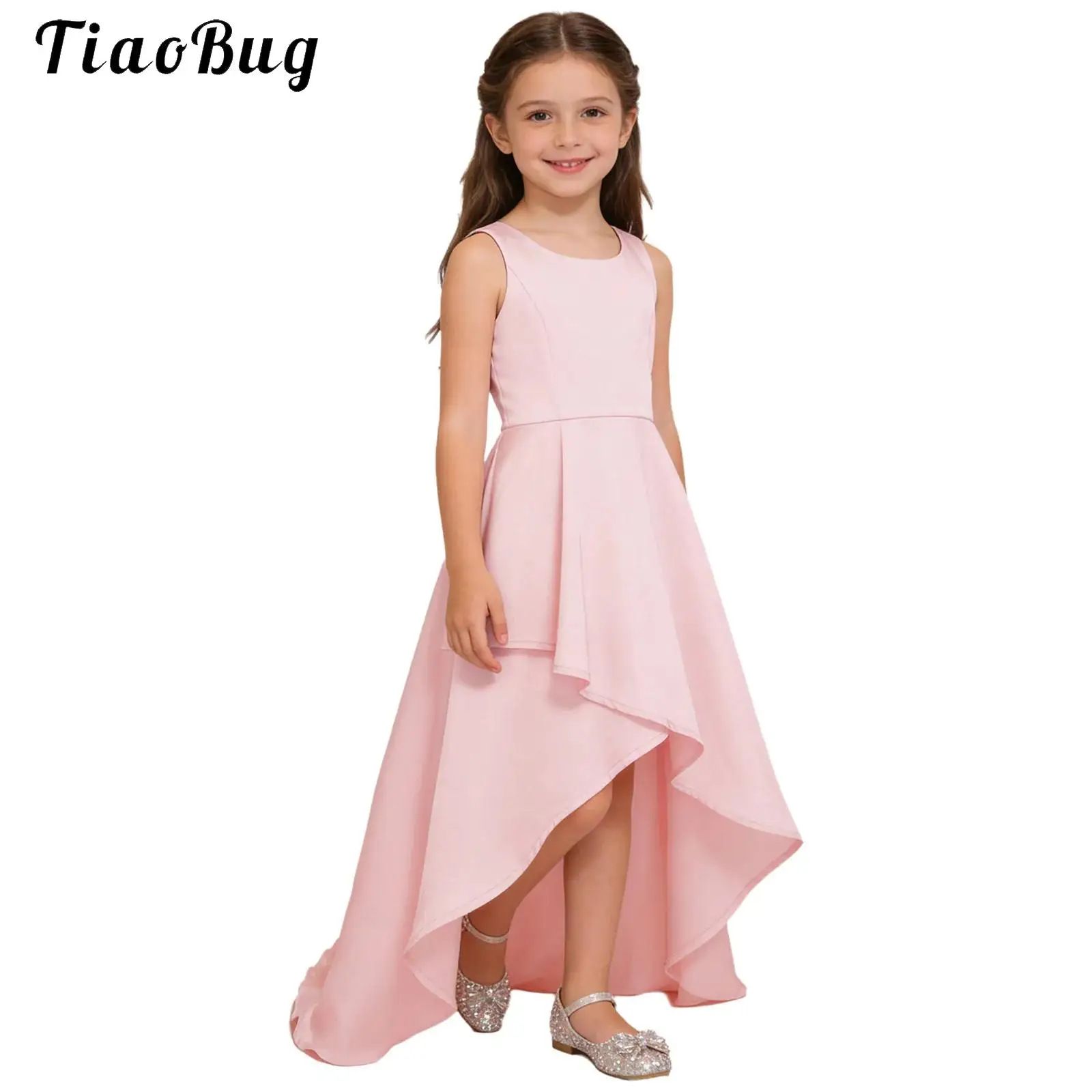 

Elegant Girls Party Dress Gowns Sleeveless High-low Irregular Hem Belted Bridesmaid Dress Kids Formal Evening Wedding Prom Gown
