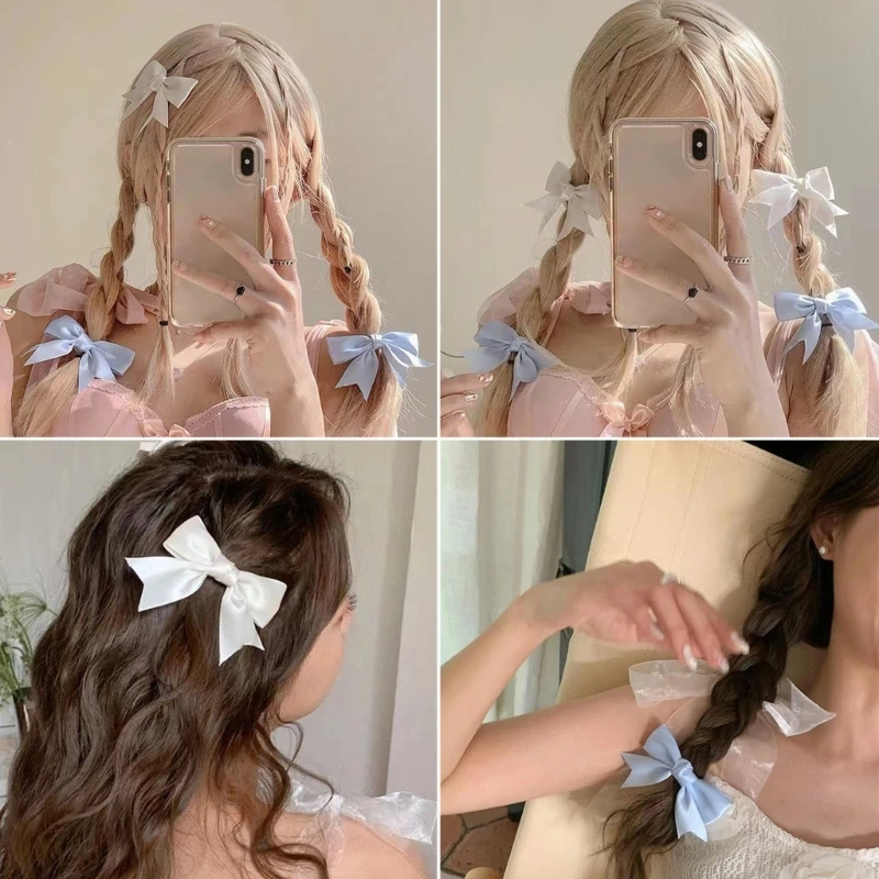 สาวซาตินโบว์ผมคลิปหวานคลิปด้านข้างน่ารัก Handmade Bowknot Hairpin ของขวัญอุปกรณ์เสริมผมสำหรับผู้หญิงสีขาวสีฟ้า