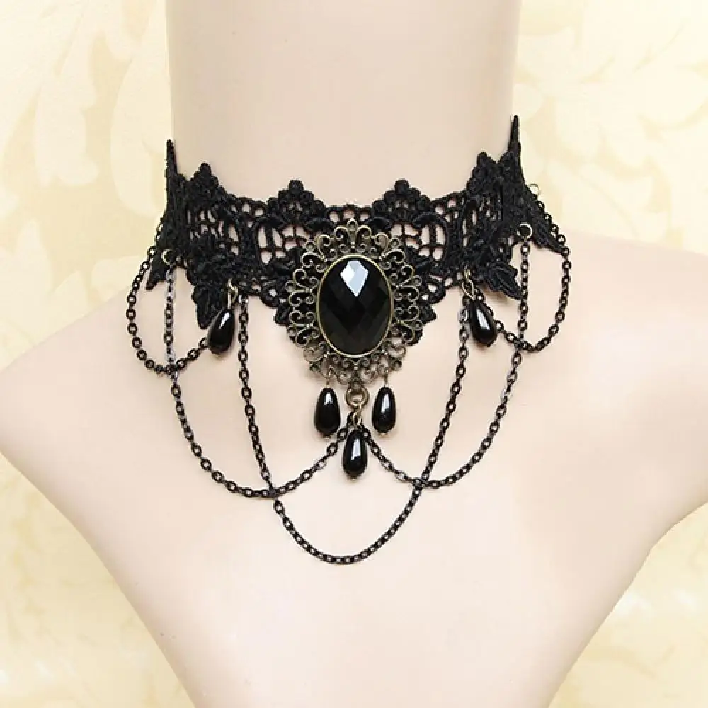 Gothic Victorian Choker for Women Black Lace Necklace Women Girl Boho Crystal Tassel Sexy Lace Choker Loli Style Halloween Jewel