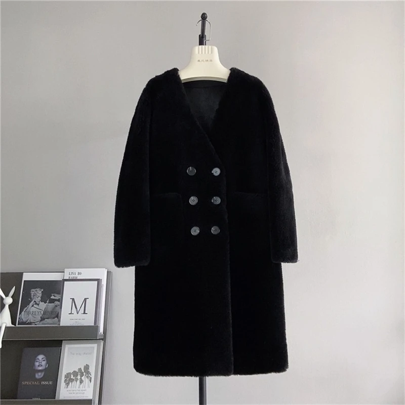 

2024 New Sheep Shearling Double-breasted Warm Coat Female Lamb's Wool Winter Long Jacket Parka PT494