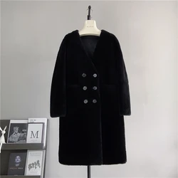 2024 New Sheep Shearling Double-breasted Warm Coat Female Lamb's Wool Winter Long Jacket Parka PT494