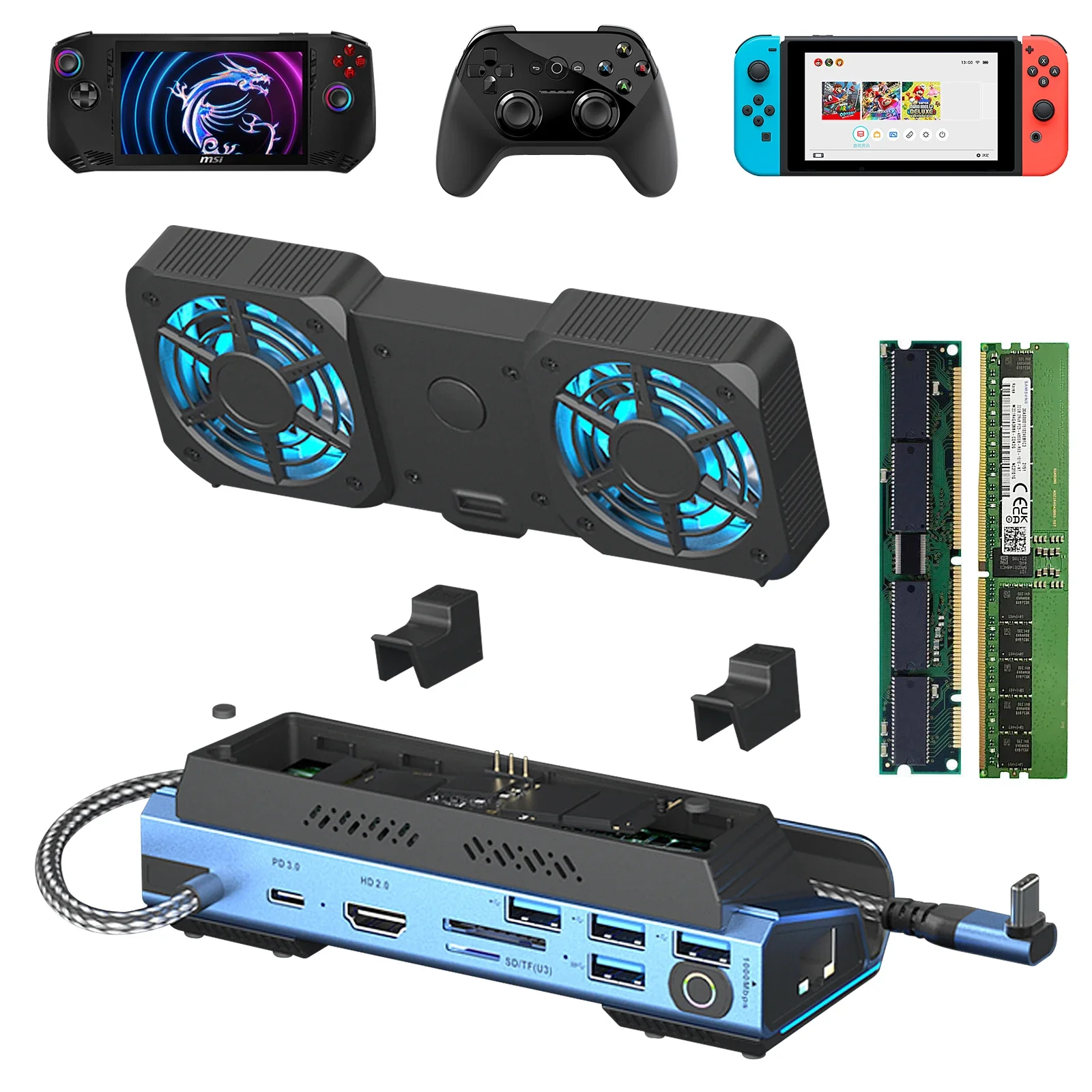 10-in-1 Type-c Game Docking Station for Steam DeckROG Ally/Switch M.2 PCie nvme Hard Disk Box,USB C HUB 4K60HZ Dual Fan Cooling