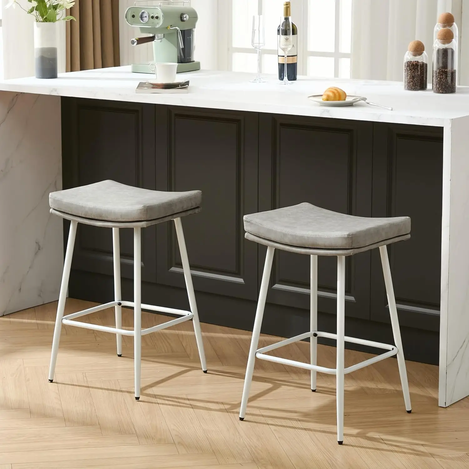 

Saddle Counter Stool Set 2,Faux Leather Backless Upholstered Seat White Metal Leg 26in Kitchen Farmhouse,Customized