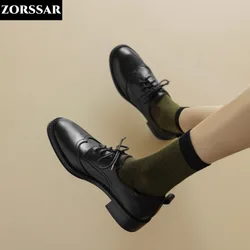 Vintage Flats Women Oxfords Genuine Leather Round Toe Low Square Heel Brogues Casual Office Party Lace Up Ladies Dress Shoes