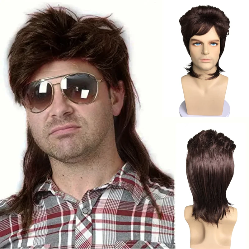 

Short Dark Brown Straight Wavy MoeLoli Mullet Rocker Synthetic Wig For 70s 80s Dico Men Mullet Cosplay Wig For Halloween Costume