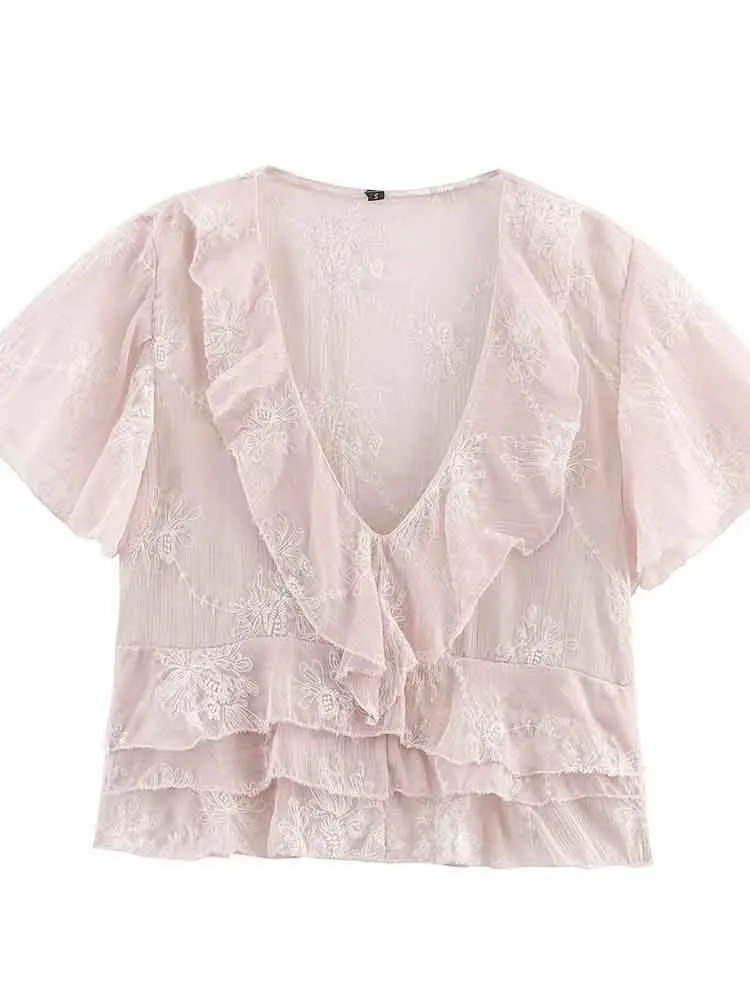 

European style new women's fashion versatile temperament ruffle layered V-neck short-sleeved embroidered top