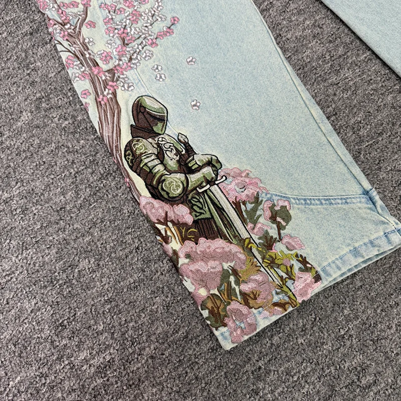 Unisex Vescartes Oriental Samurai Blossom Print Wide Leg Baggy Denim Jeans